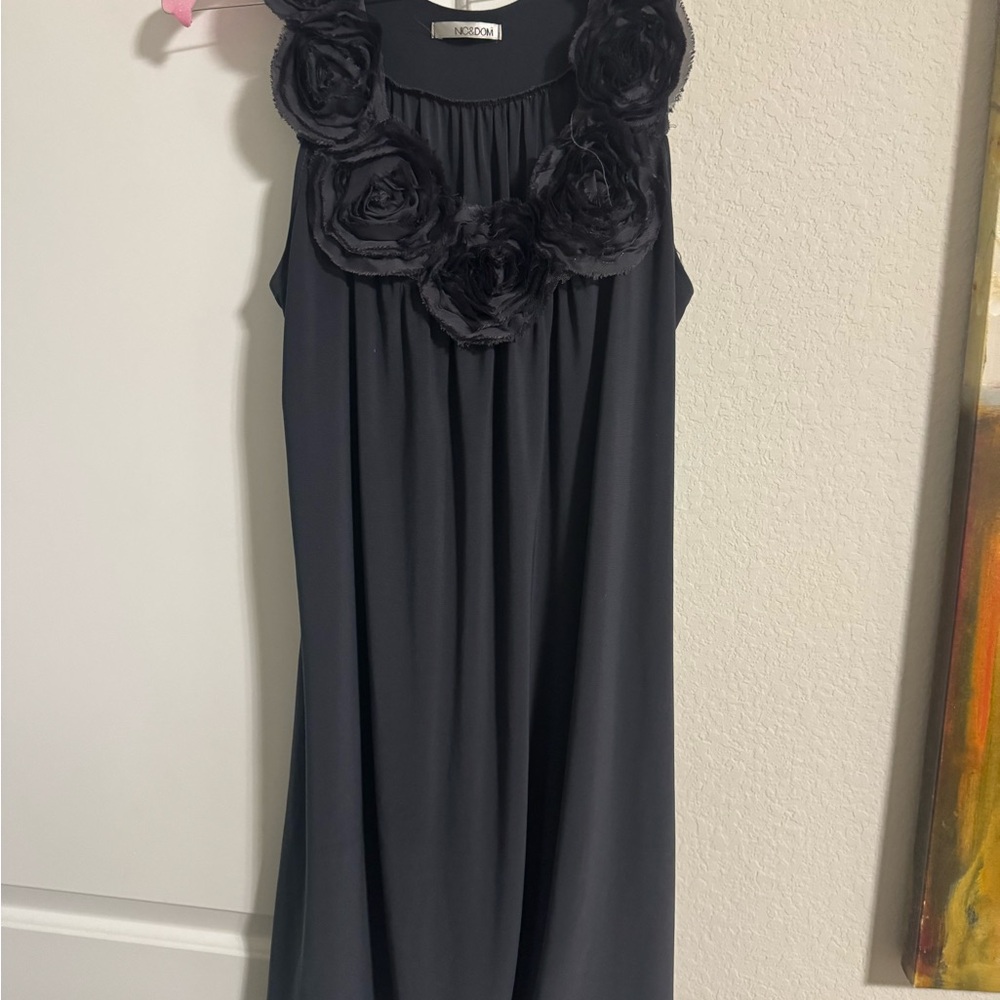 Elegant Dark Grey Dress with Floral Accents